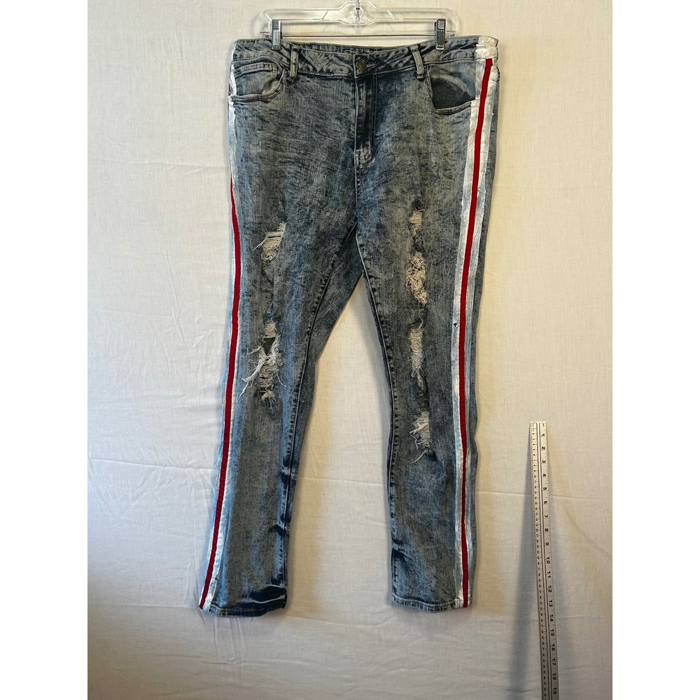 Rue21 Premium Supreme Flex Mens 38x32 Distressed Acid Wash Side Stripe Jeans